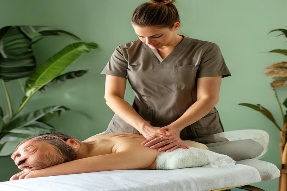 A massage therapist treating a client who is lying face down and draped during a clinical session